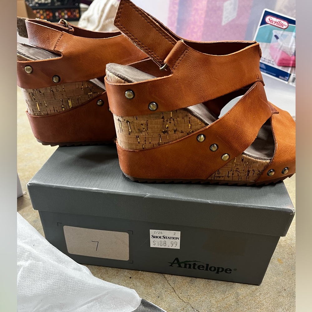 Antelope brand, cork, leather brown wedges size 7